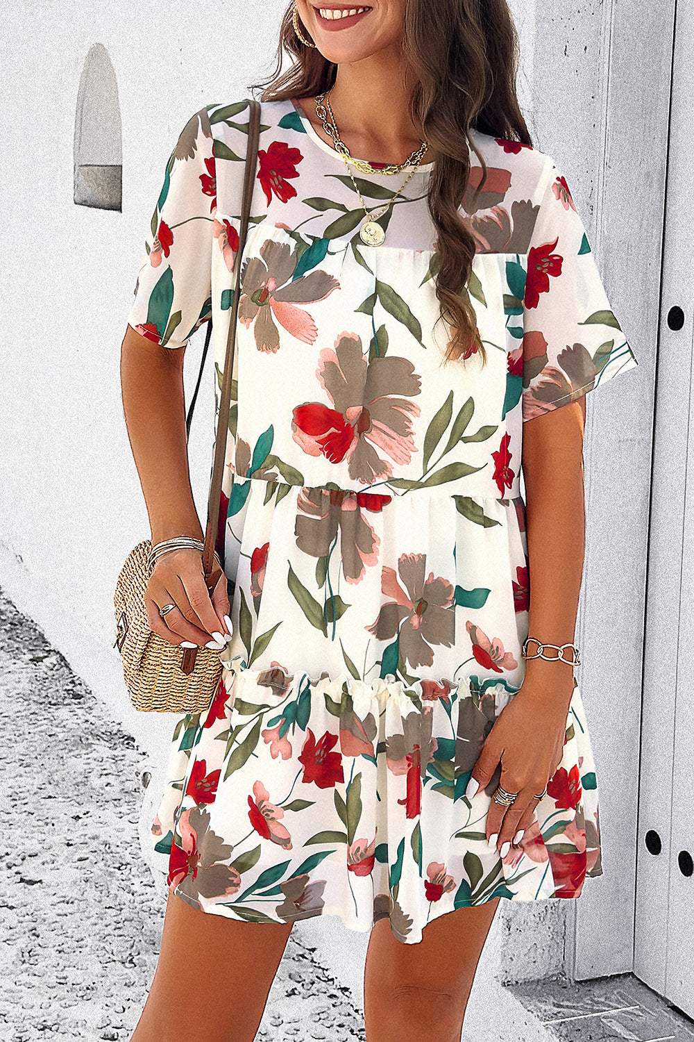 Printed Tiered Round Neck Mini Dress Casual Dresses - Tophatter Daily Deals