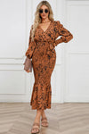 Printed V-Neck Smocked Midi Dress Ochre Casual Dresses - Tophatter Daily Deals