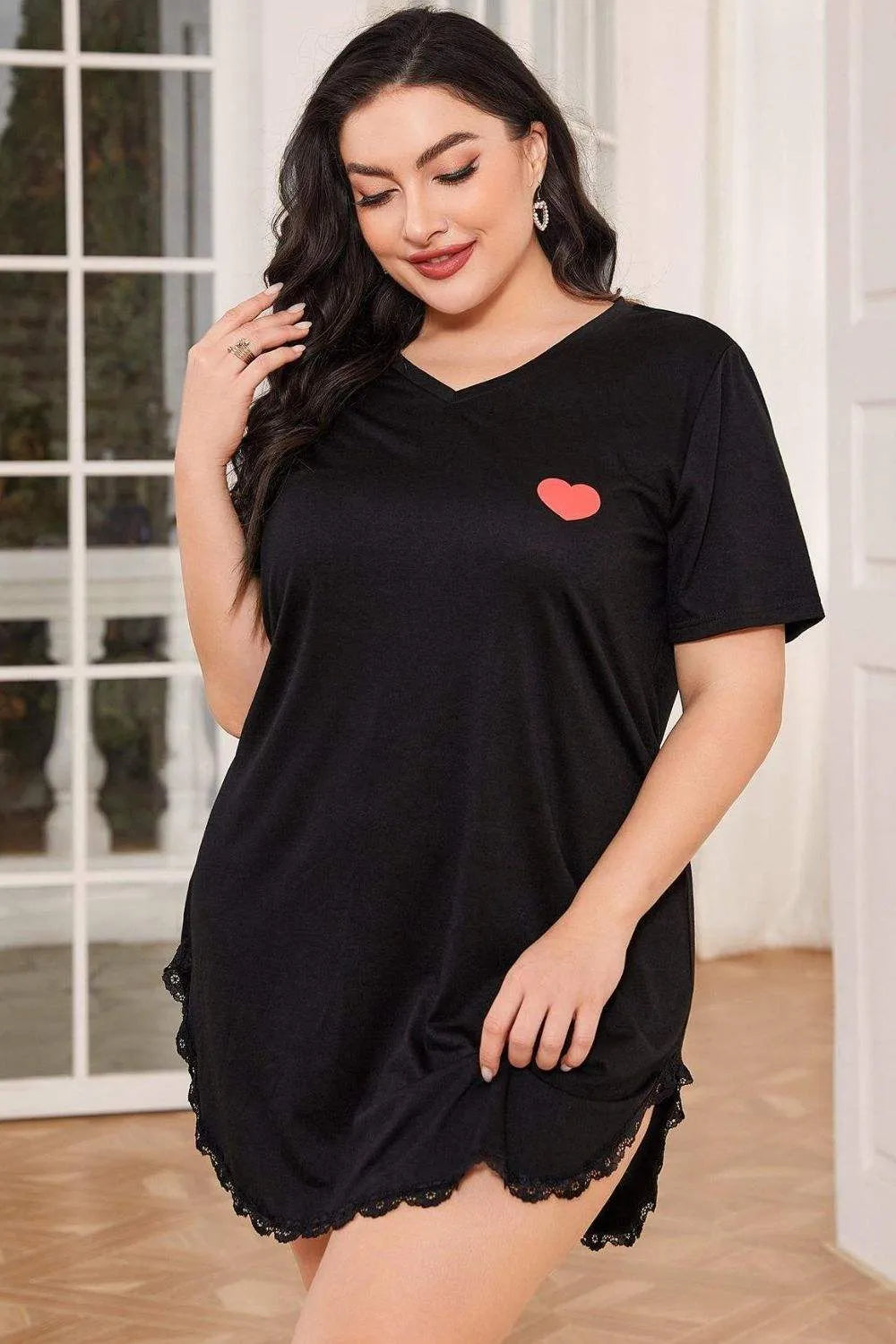 Plus Size Lace Trim V-Neck Short Sleeve Night Dress Sleep Dresses - Tophatter Daily Deals