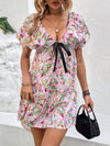 Printed V-Neck Puff Sleeve Mini Dress Carnation Pink Casual Dresses - Tophatter Daily Deals