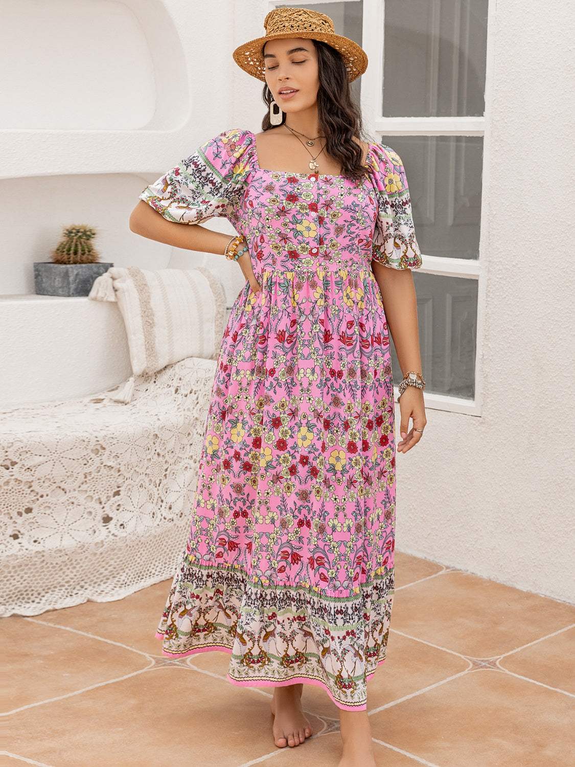 Plus Size Printed Square Neck Ruffle Hem Dress Carnation Pink Casual Dresses - Tophatter Daily Deals