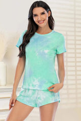 Tie-Dye Round Neck Short Sleeve Top and Shorts Lounge Set Gum Leaf Loungewear Sets - Tophatter Daily Deals