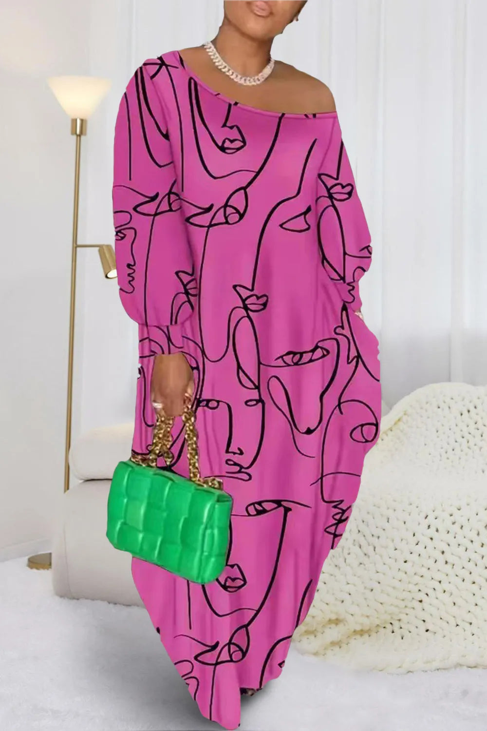 Printed Single Shoulder Lantern Sleeve Maxi Dress Hot Pink Casual Dresses - Tophatter Daily Deals