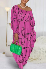 Printed Single Shoulder Lantern Sleeve Maxi Dress Hot Pink Casual Dresses - Tophatter Daily Deals