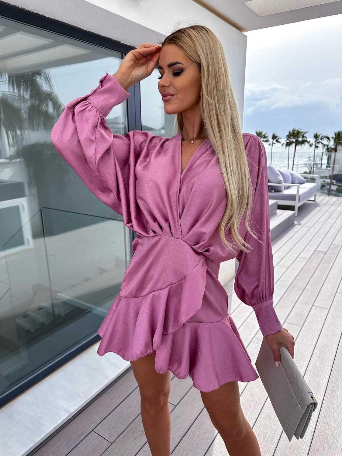 Surplice Ruffle Hem Lantern Sleeve Mini Dress Lilac Casual Dresses - Tophatter Daily Deals