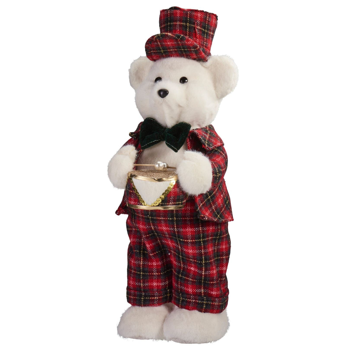 Drumming Christmas Bear Decoration | White Bear in Tartan Uniform with Drum 42cm Ornament - Tophatter Daily Deals