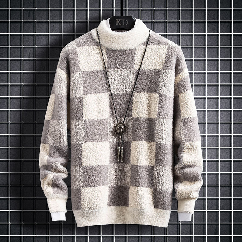 Warm Mens Crew Sweater - Checked Knit, Nylon, For Winter Beige 3D Changing Face Moving Picture Frame - Tophatter Daily Deals