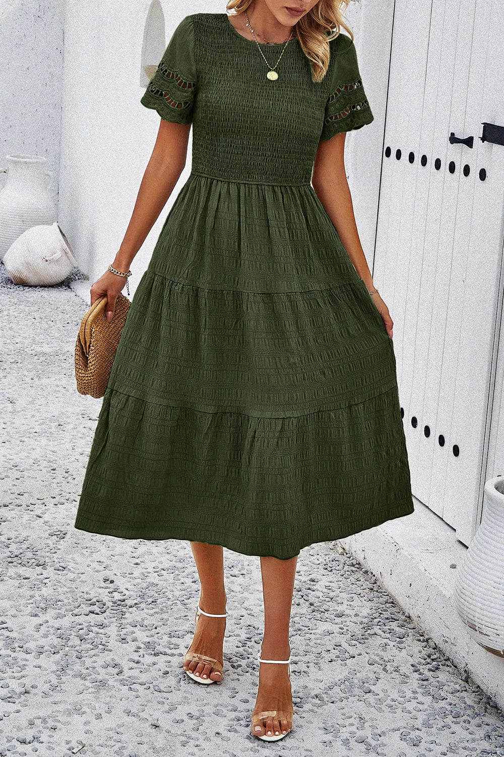 Smocked Round Neck Short Sleeve Midi Dress Moss Casual Dresses - Tophatter Daily Deals