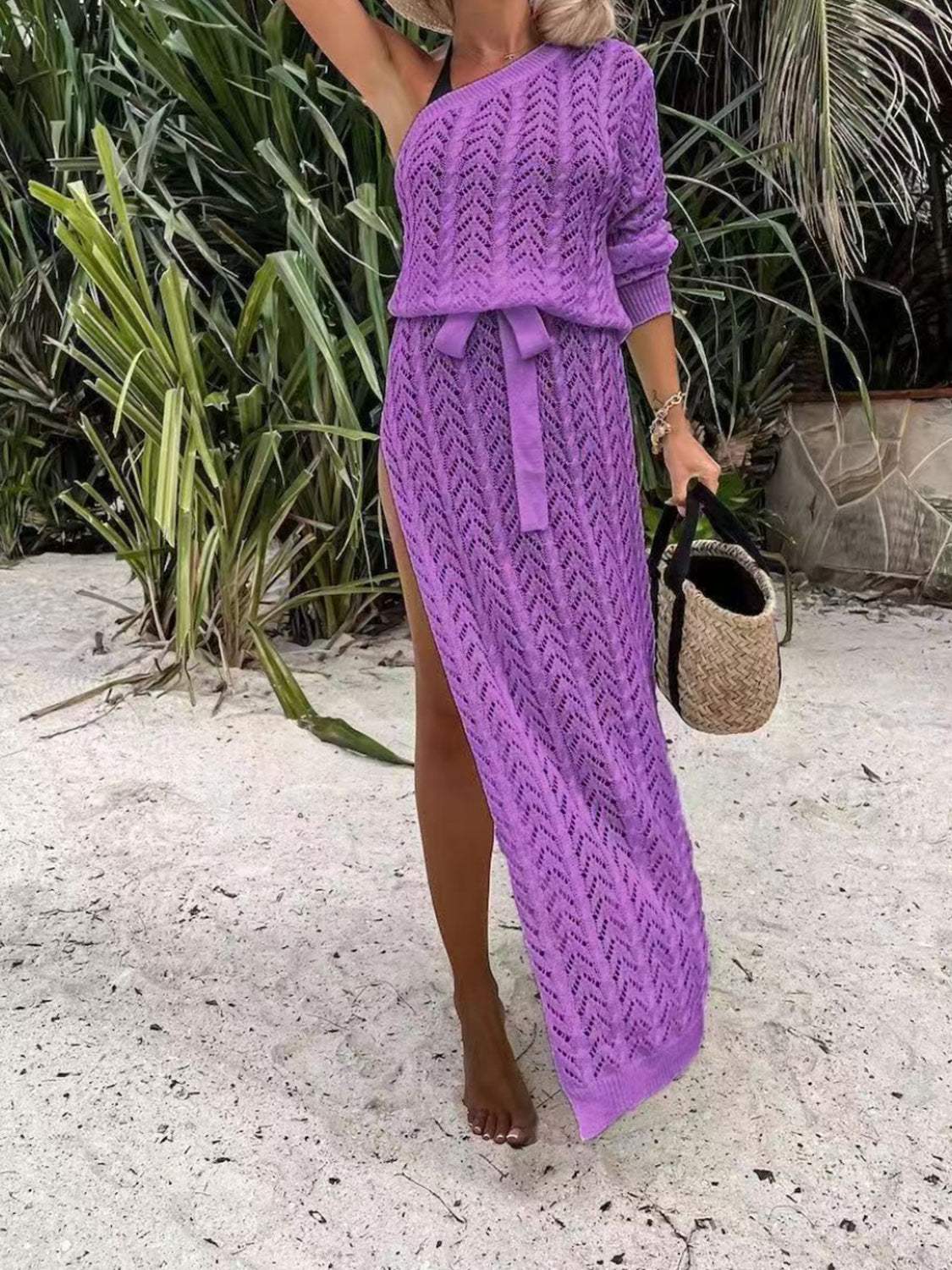 Slit Openwork Single Shoulder Knit Dress Purple Casual Dresses - Tophatter Daily Deals