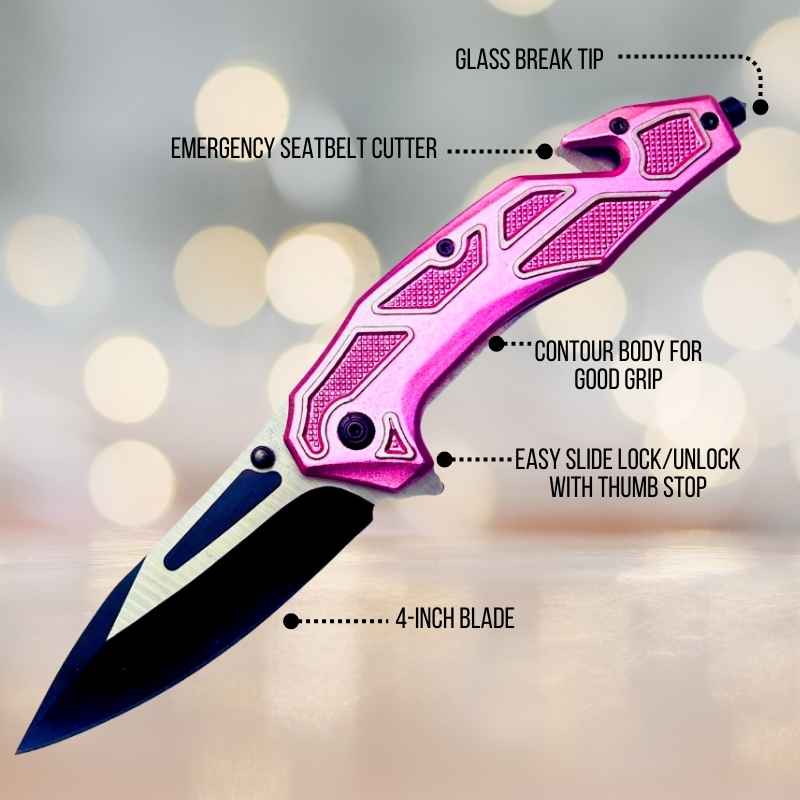 Pink Seatbelt Cutter & Glass Break Survival Drop Point Blade Knife Knives & Knuckles - Tophatter Daily Deals
