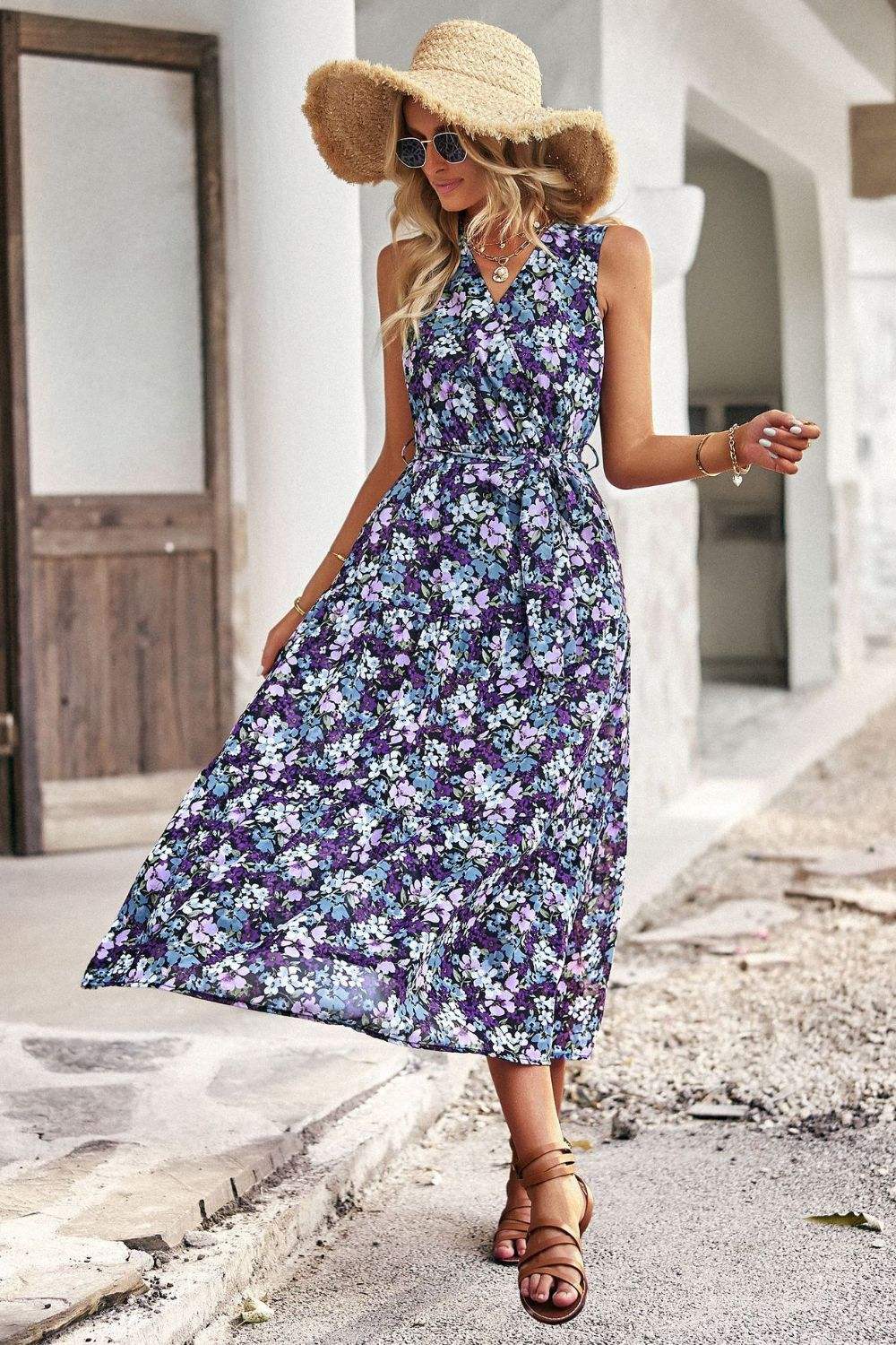 Floral Belted Surplice Sleeveless Tiered Dress Casual Dresses - Tophatter Daily Deals