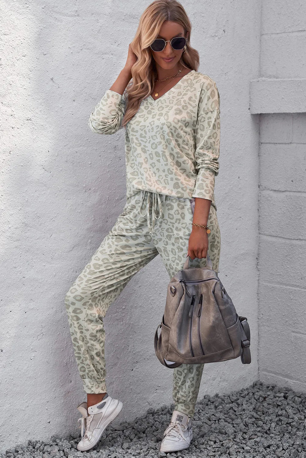 Leopard V-Neck Top and Drawstring Joggers Lounge Set Loungewear Sets - Tophatter Daily Deals