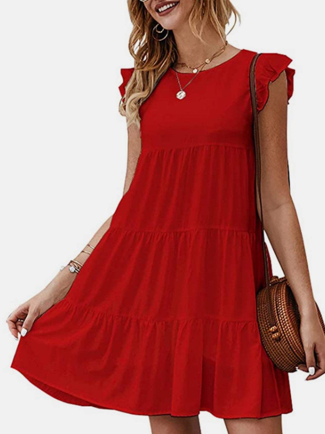 Ruffled Round Neck Cap Sleeve Mini Dress Deep Red Casual Dresses - Tophatter Daily Deals