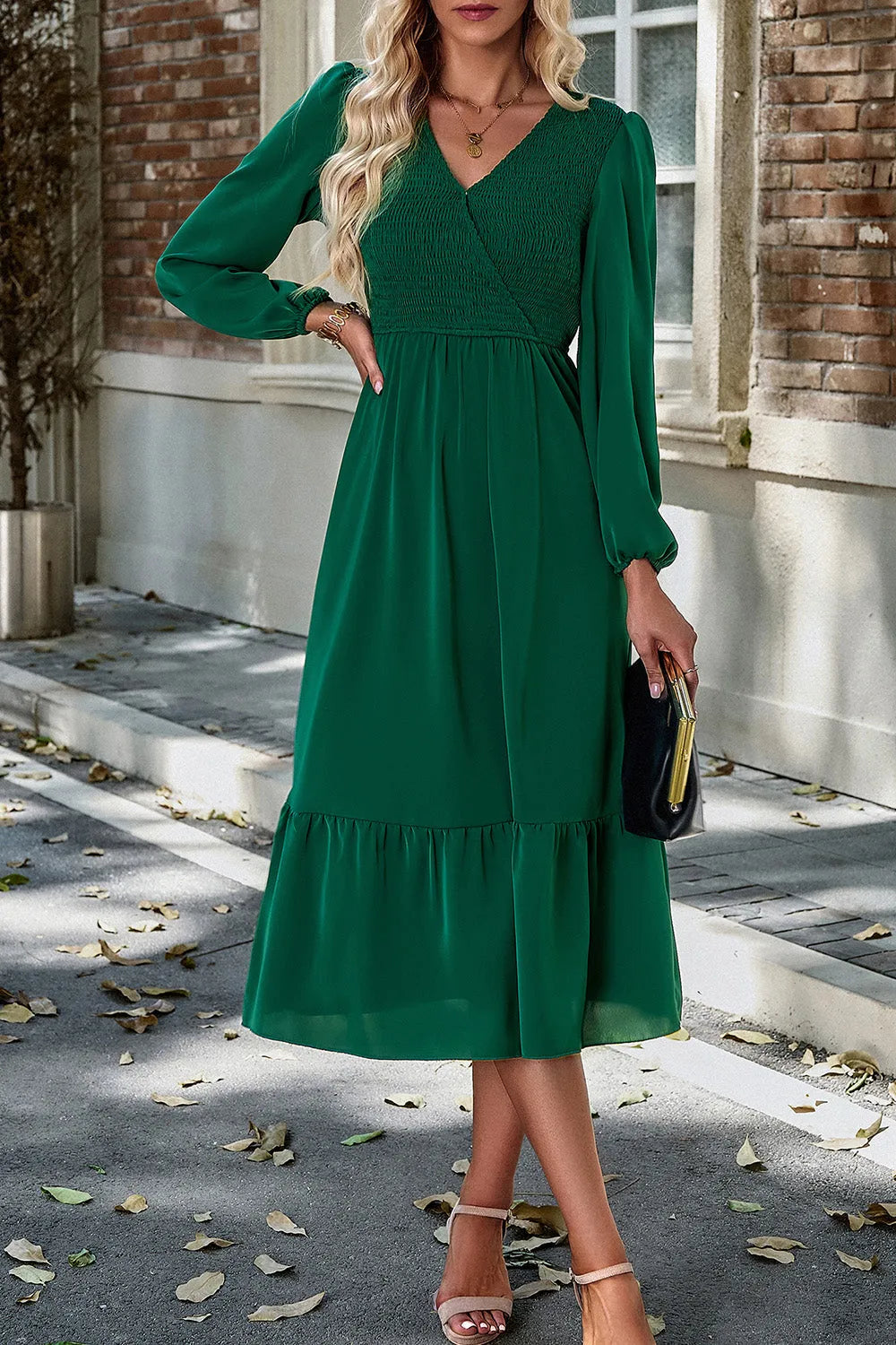 Smocked Surplice Long Sleeve Midi Dress Green Casual Dresses - Tophatter Daily Deals