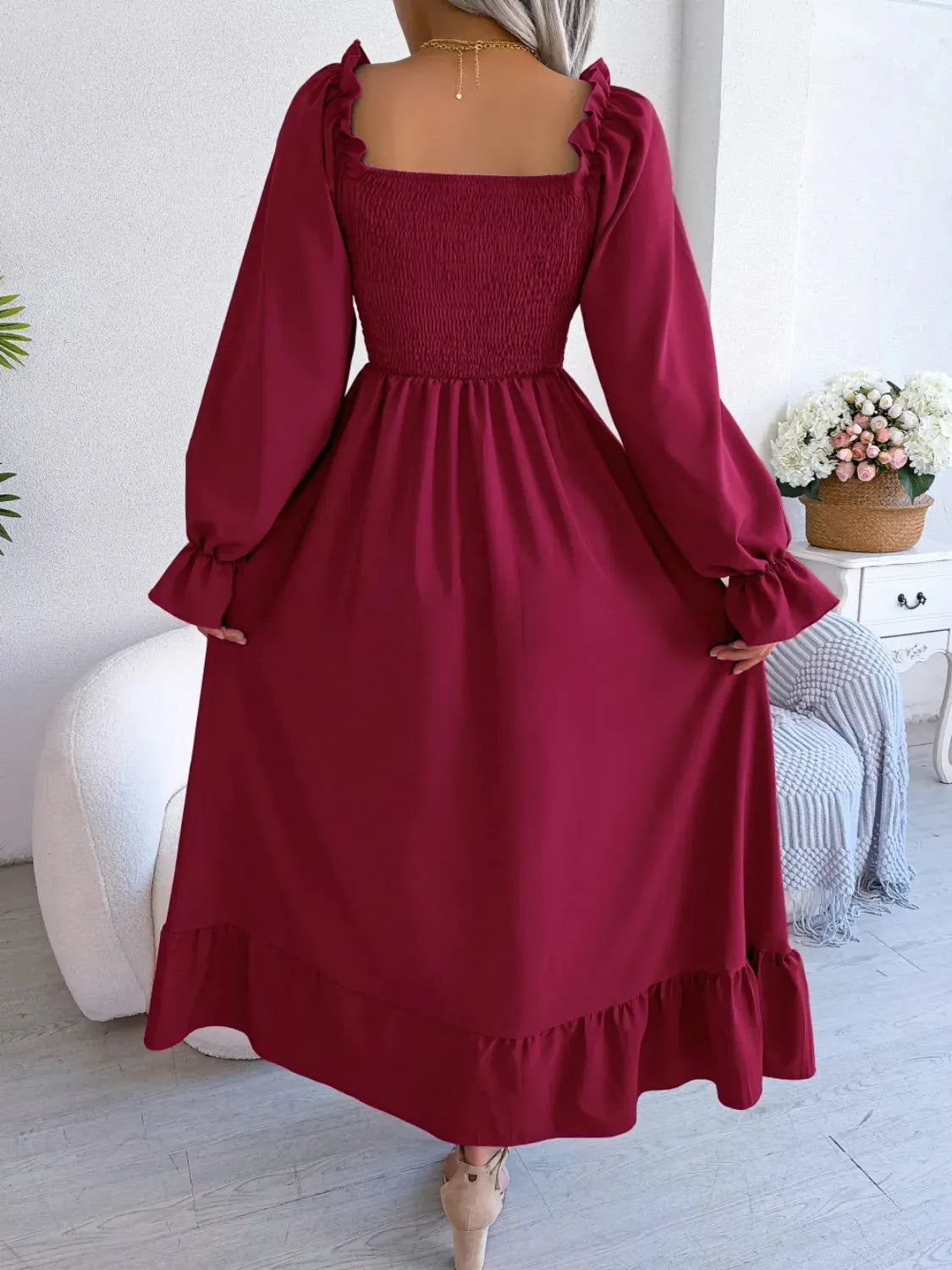 Smocked Square Neck Flounce Sleeve Dress Casual Dresses - Tophatter Daily Deals