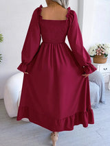 Smocked Square Neck Flounce Sleeve Dress Casual Dresses - Tophatter Daily Deals