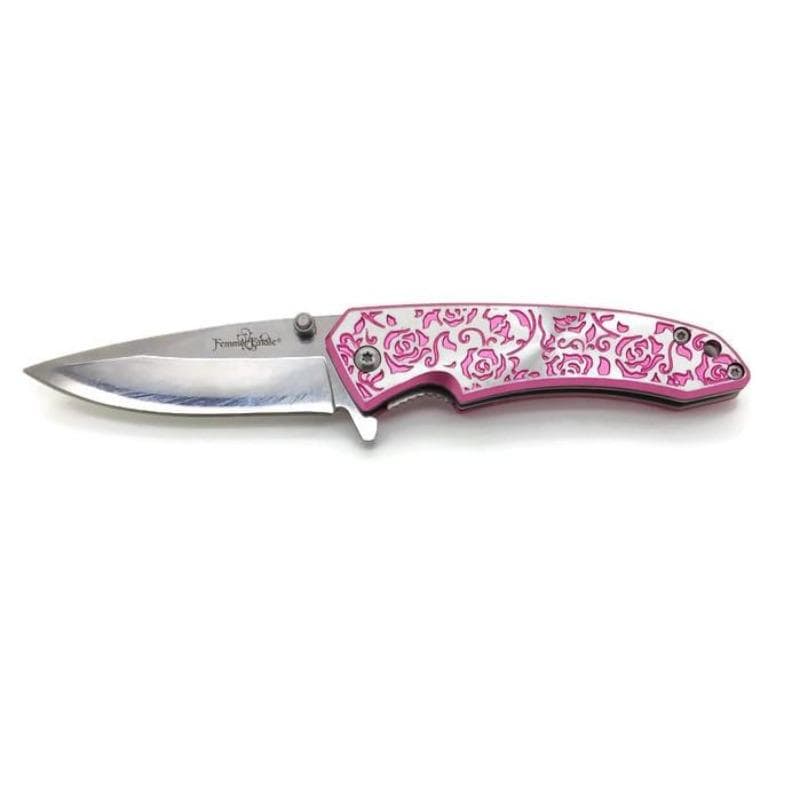Engraved Pink Rose Femme Fatale Folding Pocket Knife Knives & Knuckles - Tophatter Daily Deals