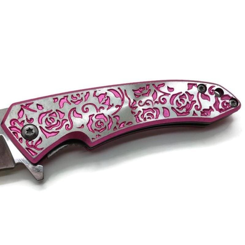 Engraved Pink Rose Femme Fatale Folding Pocket Knife Knives & Knuckles - Tophatter Daily Deals