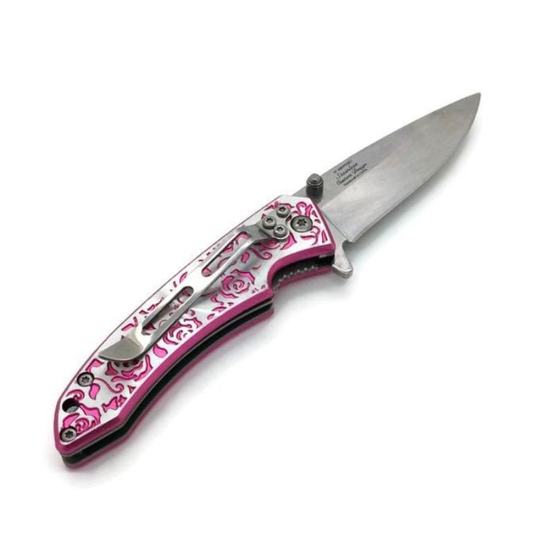 Engraved Pink Rose Femme Fatale Folding Pocket Knife Knives & Knuckles - Tophatter Daily Deals