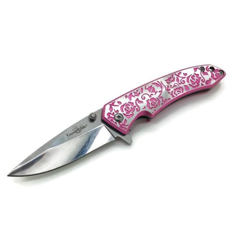 Engraved Pink Rose Femme Fatale Folding Pocket Knife Knives & Knuckles - Tophatter Daily Deals
