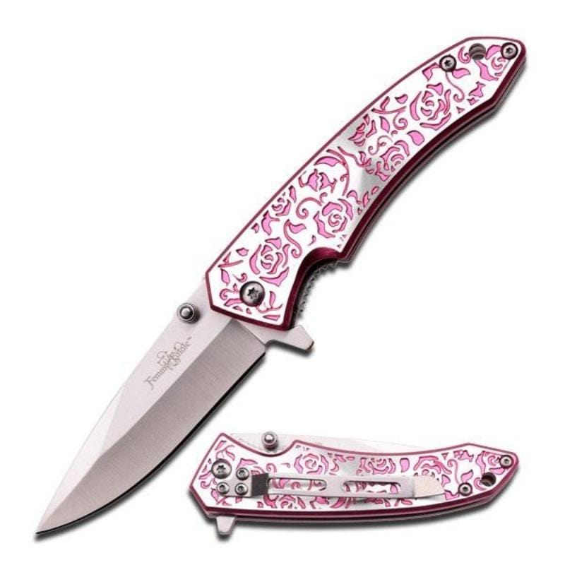 Engraved Pink Rose Femme Fatale Folding Pocket Knife Knives & Knuckles - Tophatter Daily Deals