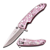 Engraved Pink Rose Femme Fatale Folding Pocket Knife Knives & Knuckles - Tophatter Daily Deals