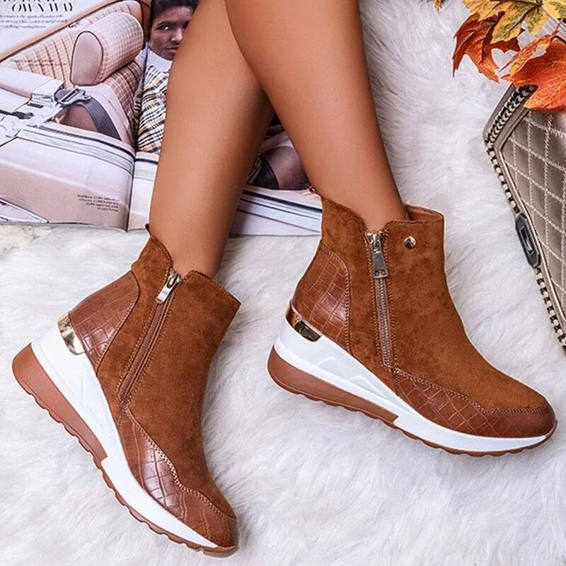 Waterproof Cozy Women’s Ankle Boots - Wedge Suede Heel Brown - Tophatter Daily Deals