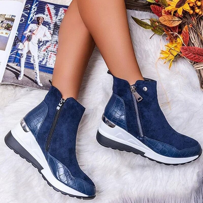 Waterproof Cozy Women’s Ankle Boots - Wedge Suede Heel Dark Blue - Tophatter Daily Deals
