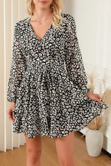 Printed Surplice Balloon Sleeve Mini Dress Cream Casual Dresses - Tophatter Daily Deals