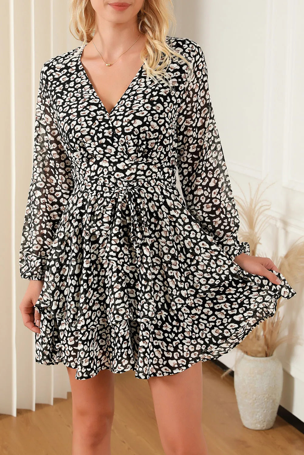 Printed Surplice Balloon Sleeve Mini Dress Cream Casual Dresses - Tophatter Daily Deals