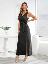 Slit Surplice Tie Waist Sleeveless Dress Black Cocktail Dresses - Tophatter Daily Deals