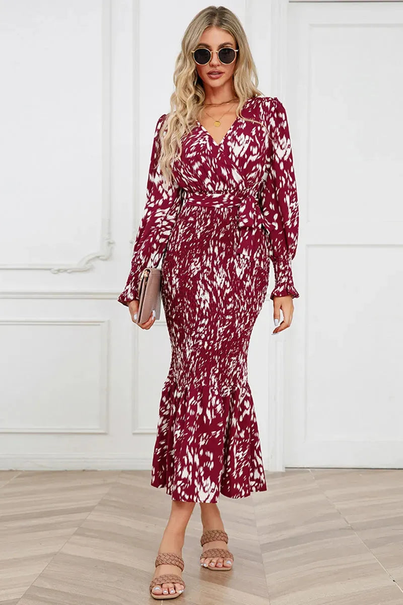 Printed V-Neck Smocked Midi Dress Deep Red Casual Dresses - Tophatter Daily Deals