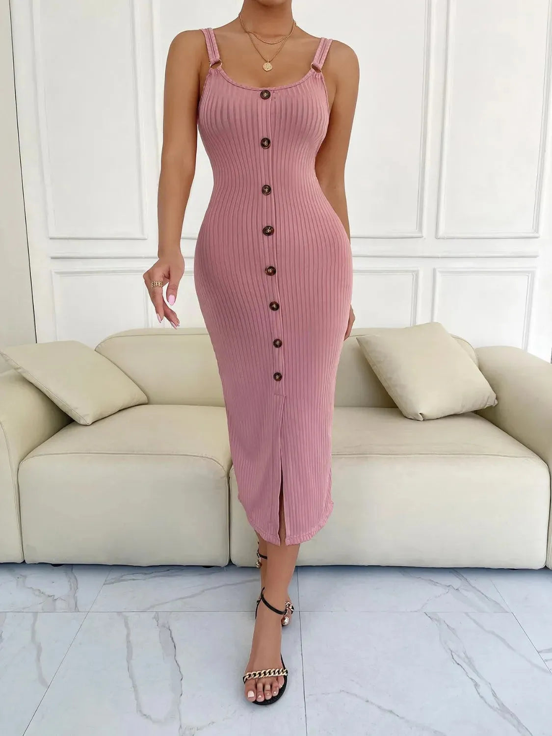 Ribbed Slit Decorative Button Cami Dress Dusty Pink Casual Dresses - Tophatter Daily Deals