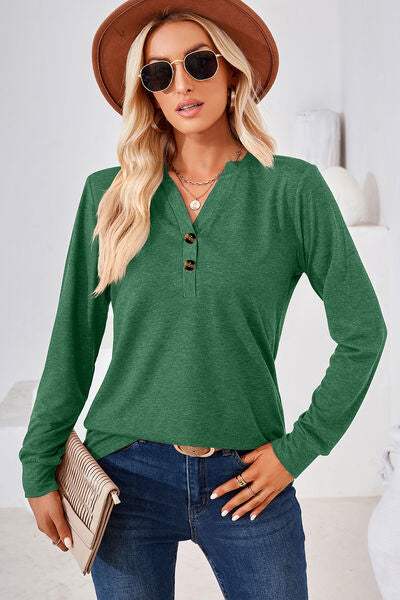 Notched Long Sleeve T-Shirt Green Women's T-Shirts - Tophatter Daily Deals