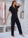 Contrast Piping Lapel Collar Short Sleeve Top and Pants Pajama Set - Tophatter Deals