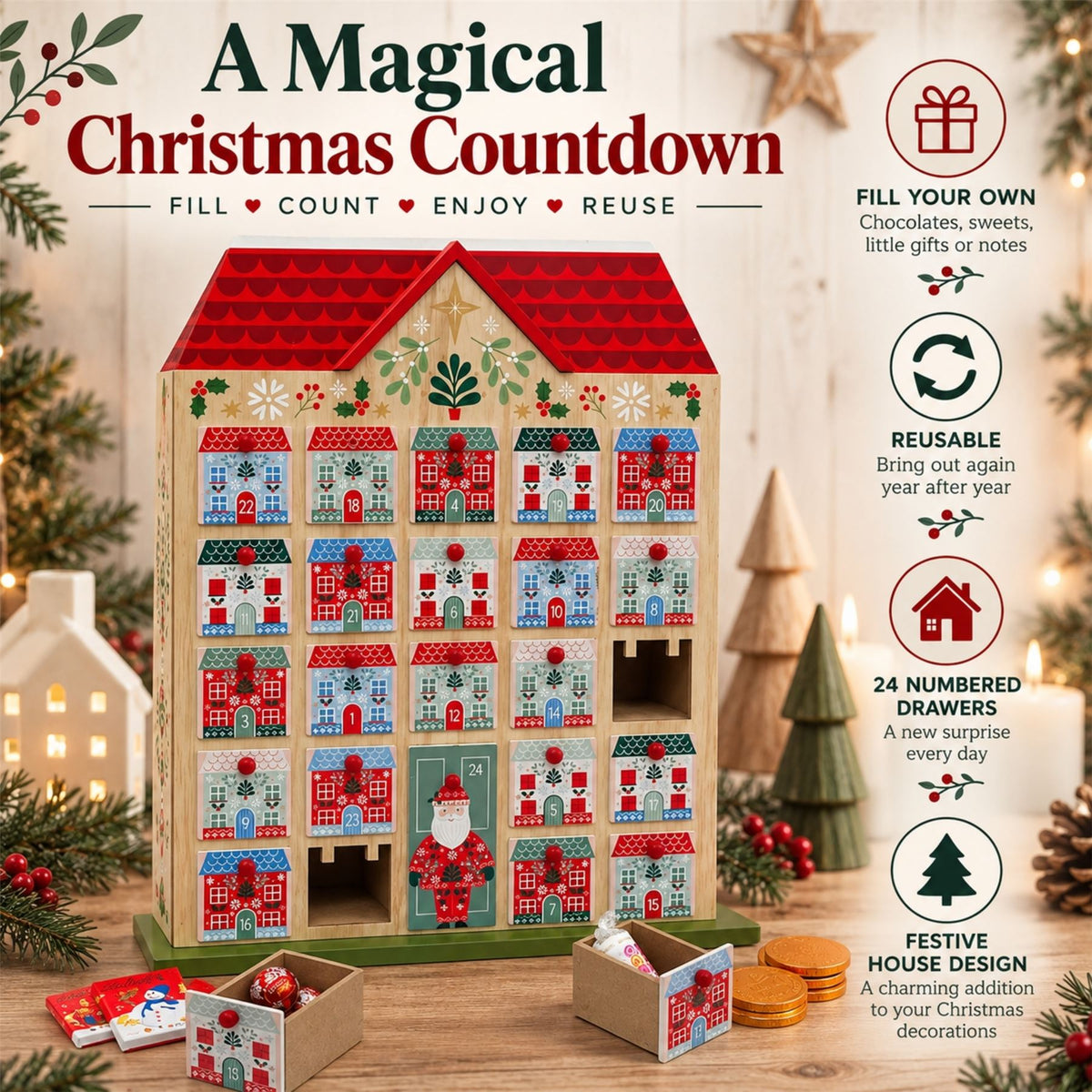 Gisela Graham Reusable Wooden Advent Calendar, 24 Drawer Alpine Christmas House Advent Calendar - Tophatter Daily Deals