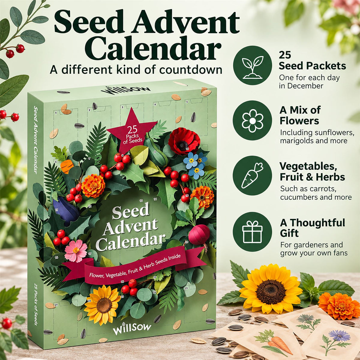 Seed Christmas Advent Calendar, 25 Flower Vegetable Fruit & Herb Seed Packets Advent Calendar - Tophatter Daily Deals