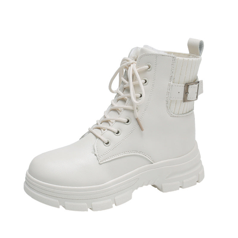 British Style Warm Fur Boots With Thick Heels Beige 0 - Tophatter Daily Deals