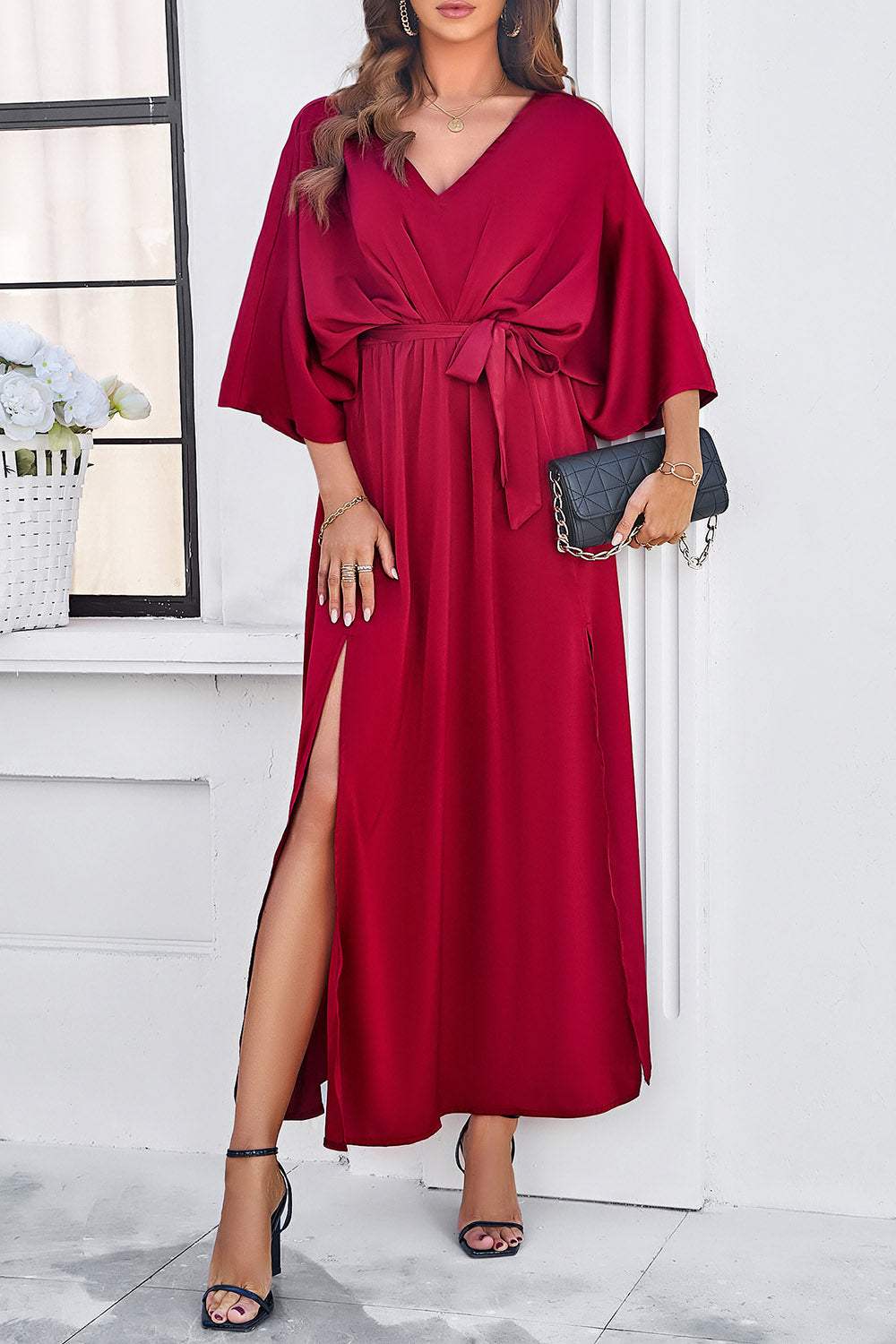 Slit Tied V-Neck Three-Quarter Sleeve Dress Casual Dresses - Tophatter Daily Deals