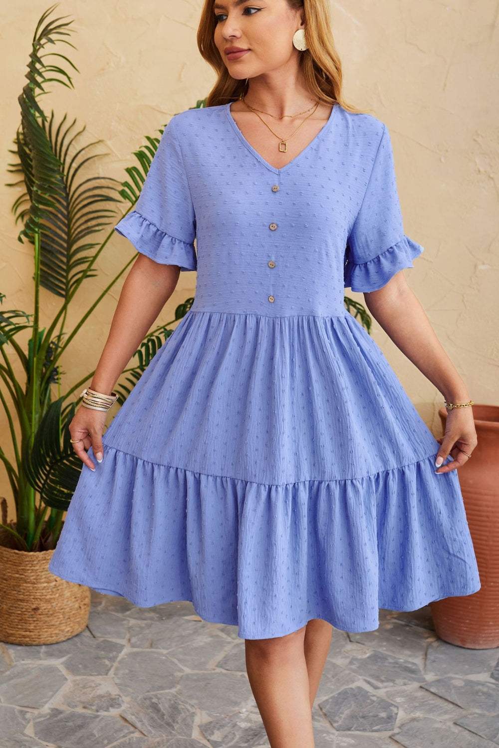 Swiss Dot Ruffled V-Neck Tiered Dress Misty Blue Casual Dresses - Tophatter Daily Deals