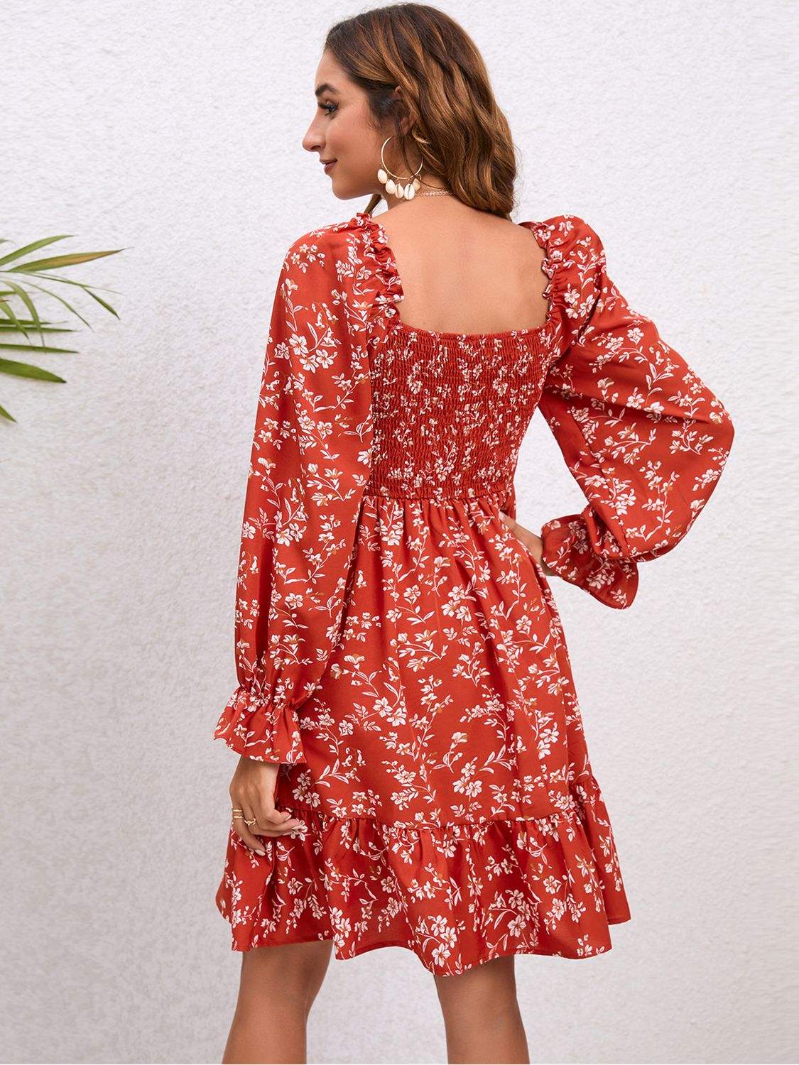 Floral Smocked Square Neck Dress Casual Dresses - Tophatter Daily Deals