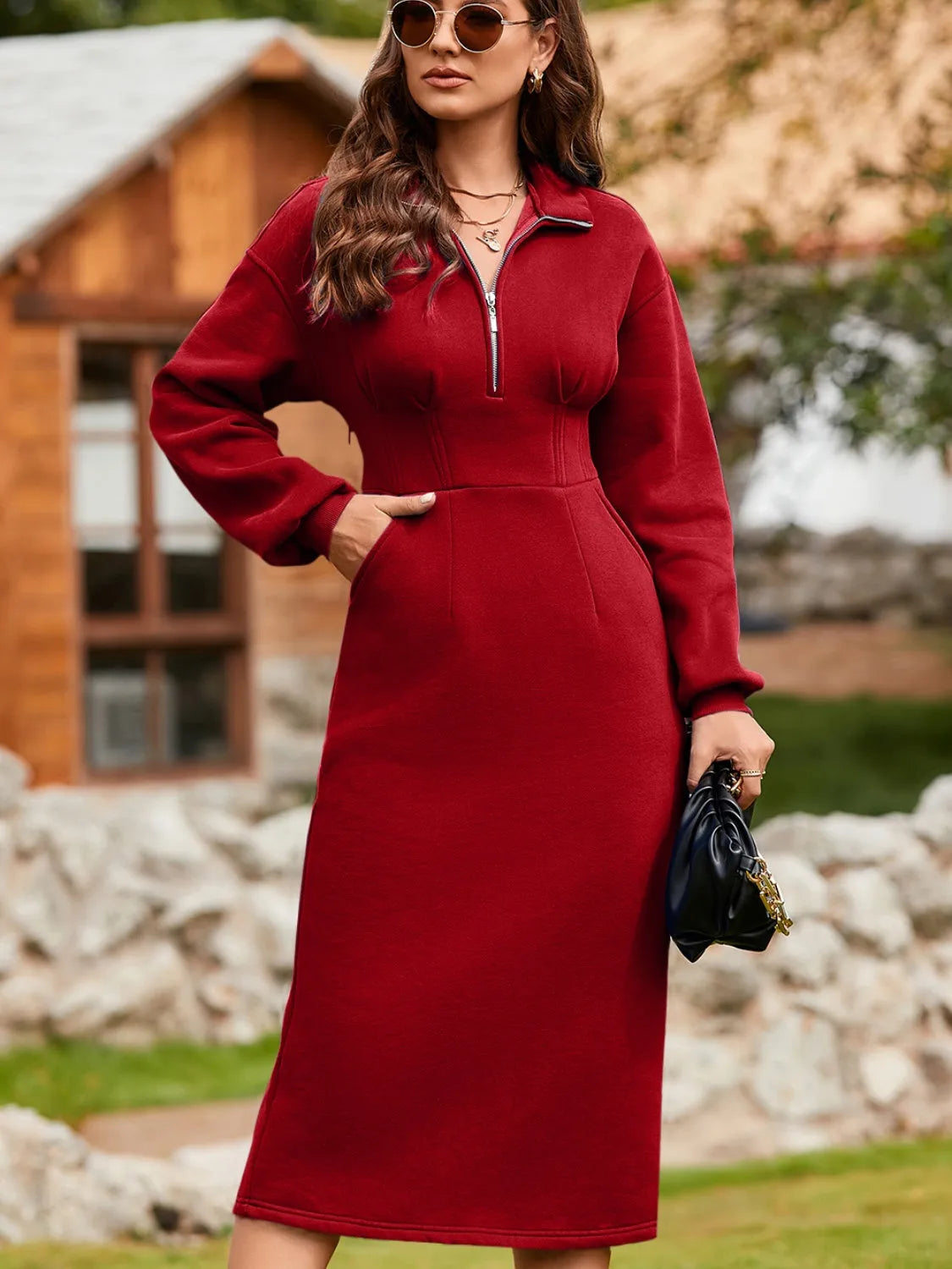 Half Zip Collared Neck Slit Midi Dress Casual Dresses - Tophatter Daily Deals