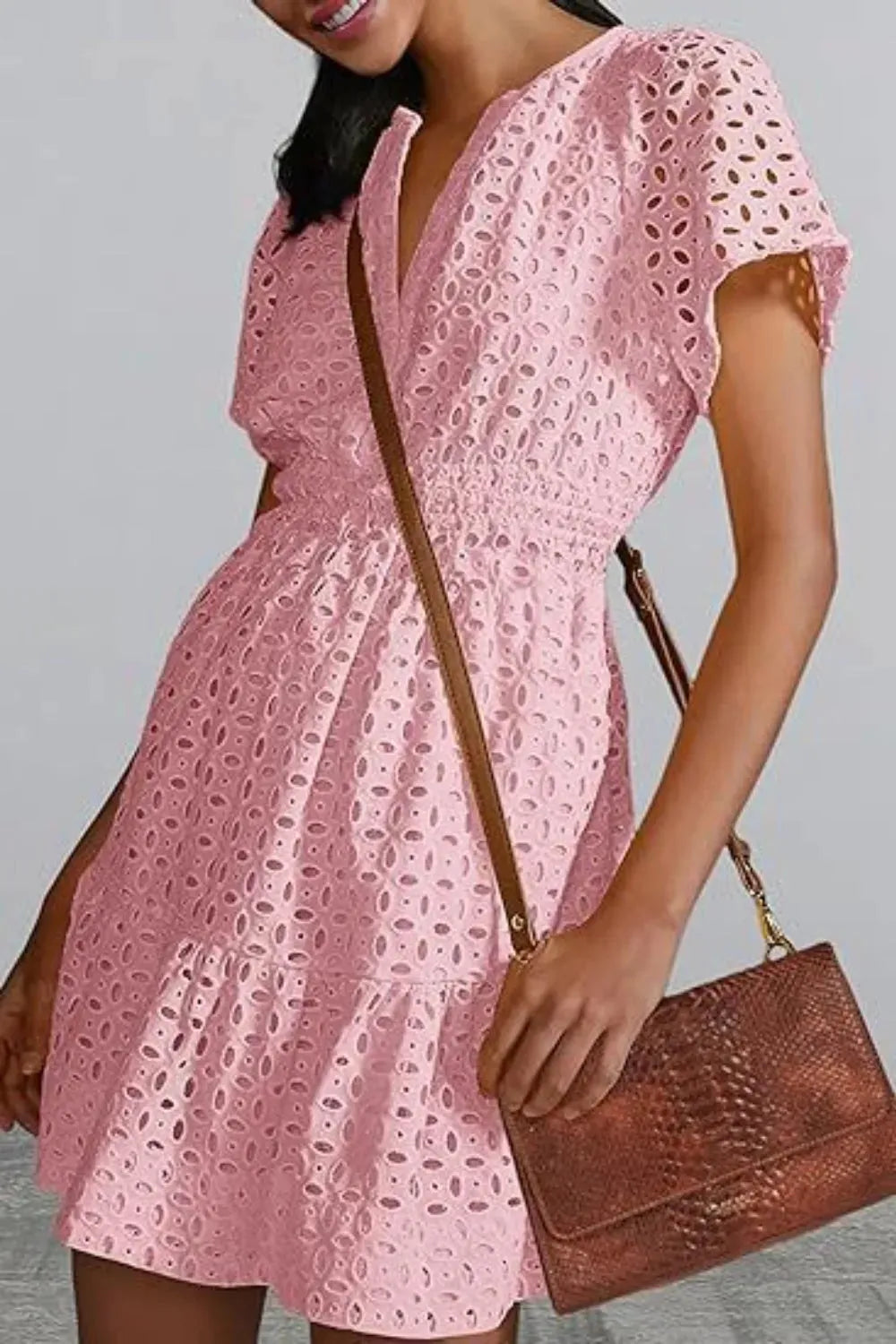 Eyelet Notched Short Sleeve Mini Dress Casual Dresses - Tophatter Daily Deals