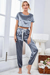 Satin Short Sleeve Crop Top and Joggers Lounge Set Steel Loungewear Sets - Tophatter Daily Deals