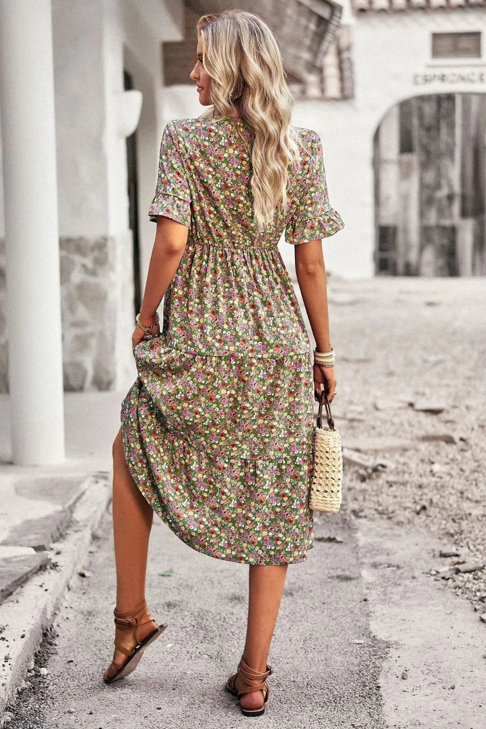 Floral V-Neck Flounce Sleeve Midi Dress Casual Dresses - Tophatter Daily Deals