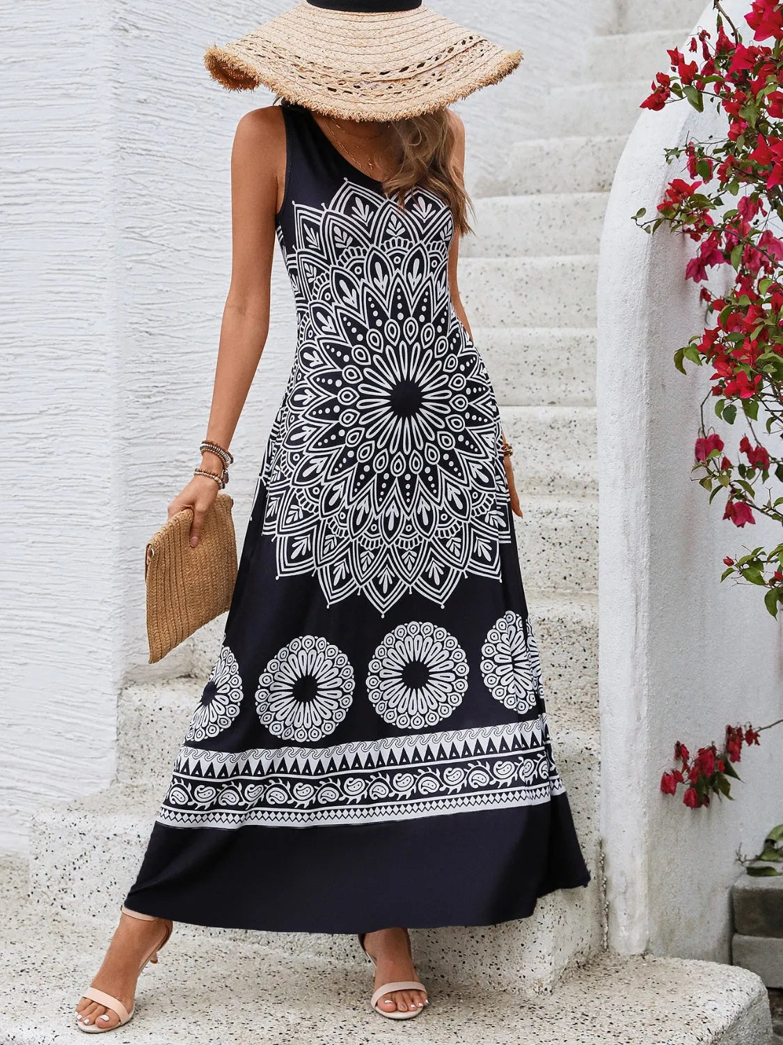 Honey Printed Round Neck Sleeveless Dress Casual Dresses - Tophatter Daily Deals