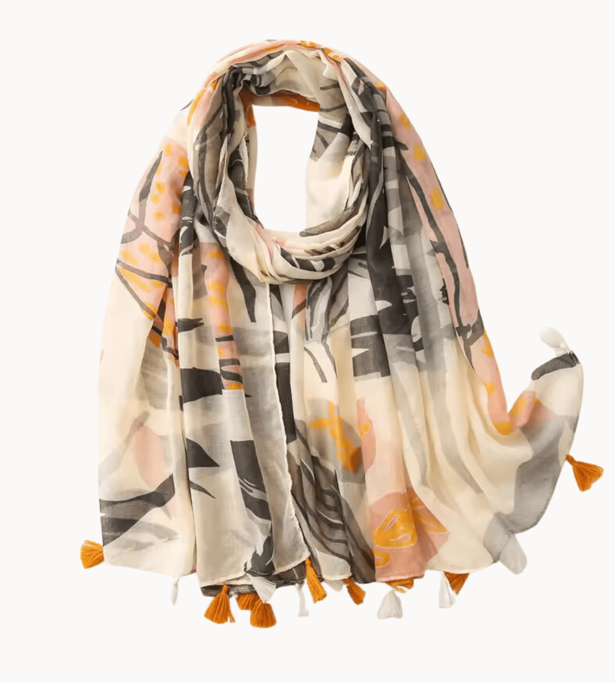 Ivory Rose and Greige Vintage Floral Design Scarf with Tassels Multi Scarves - Tophatter Daily Deals