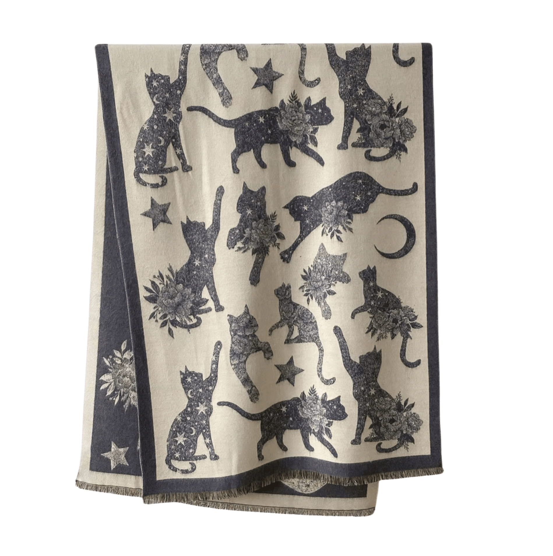 Celestial Cat-Patterned Scarf Fringe-Trimmed Scarf Multi Scarves - Tophatter Daily Deals