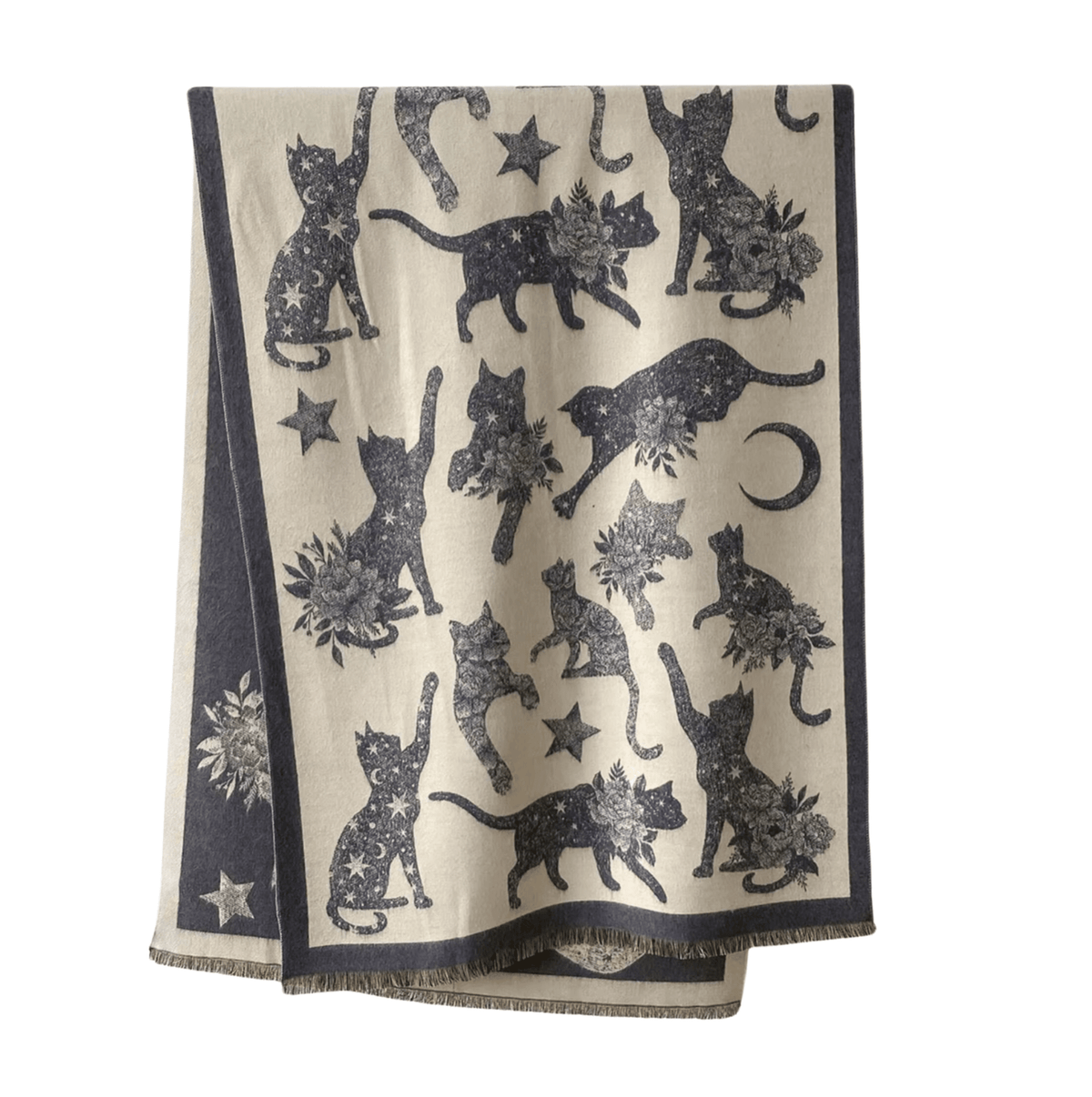 Celestial Cat-Patterned Scarf Fringe-Trimmed Scarf Multi Scarves - Tophatter Daily Deals