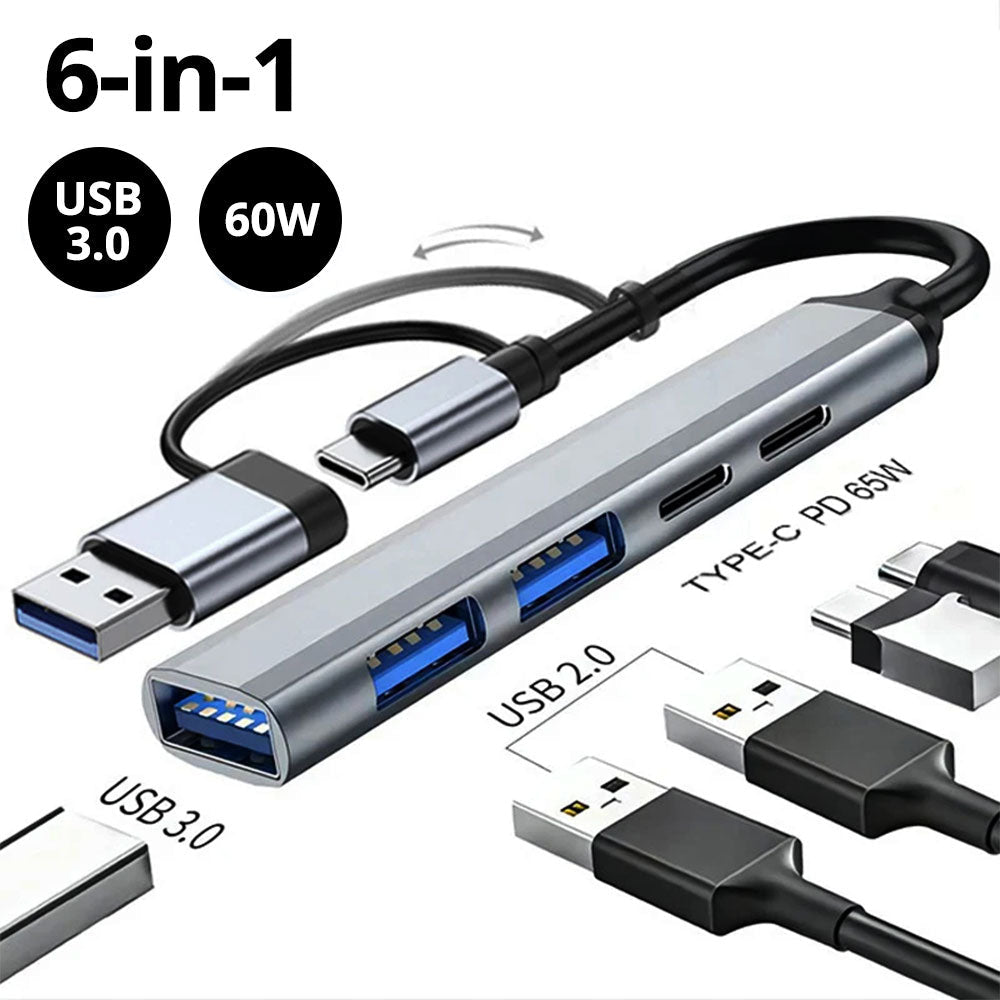USB C Hub 6 In 1 Multiport Adapter Compact 60W PD Plus - Tophatter Daily Deals